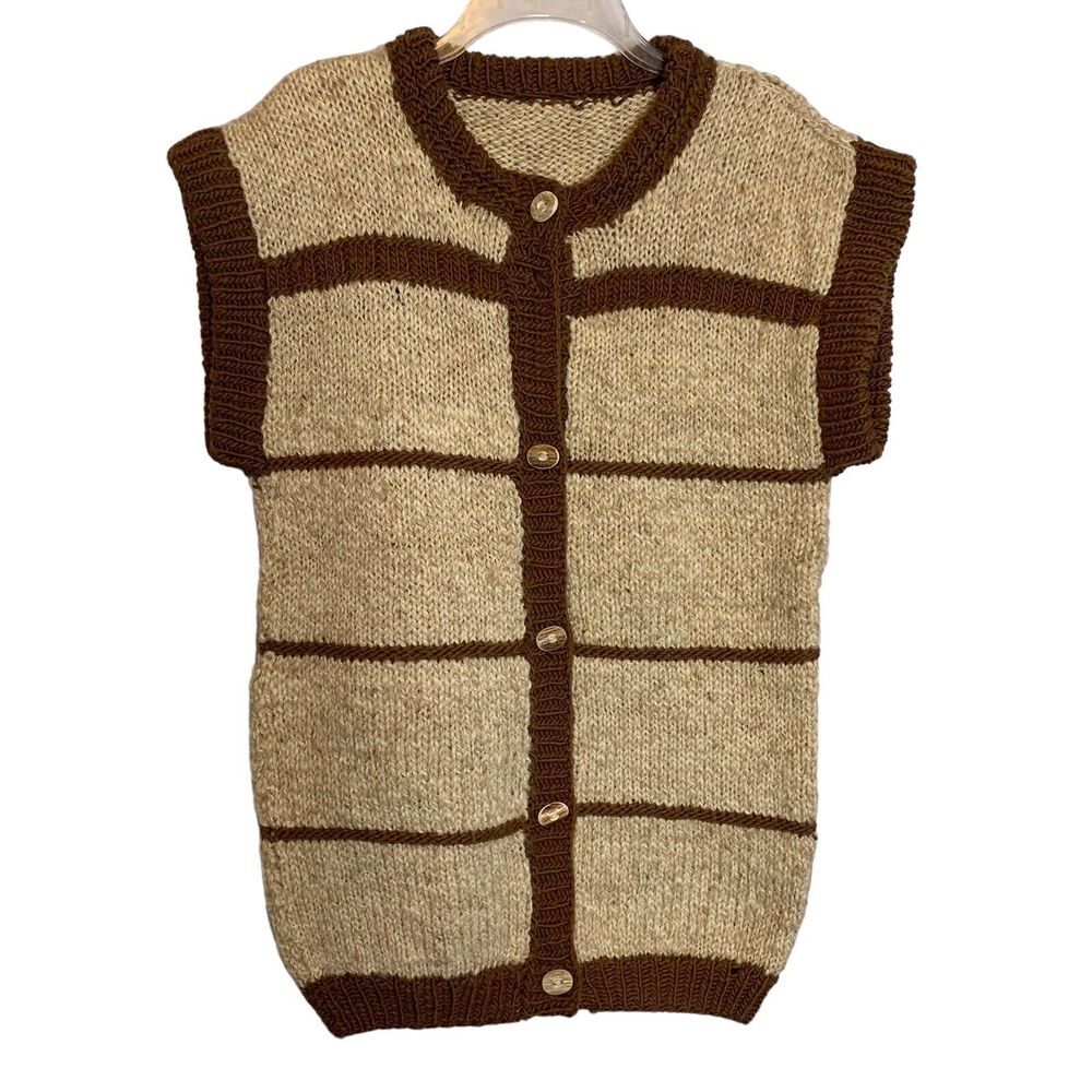 Vintage Sweater Vest Mens Large Button Up Grandpa Tan Striped Hand Made Heavy‎